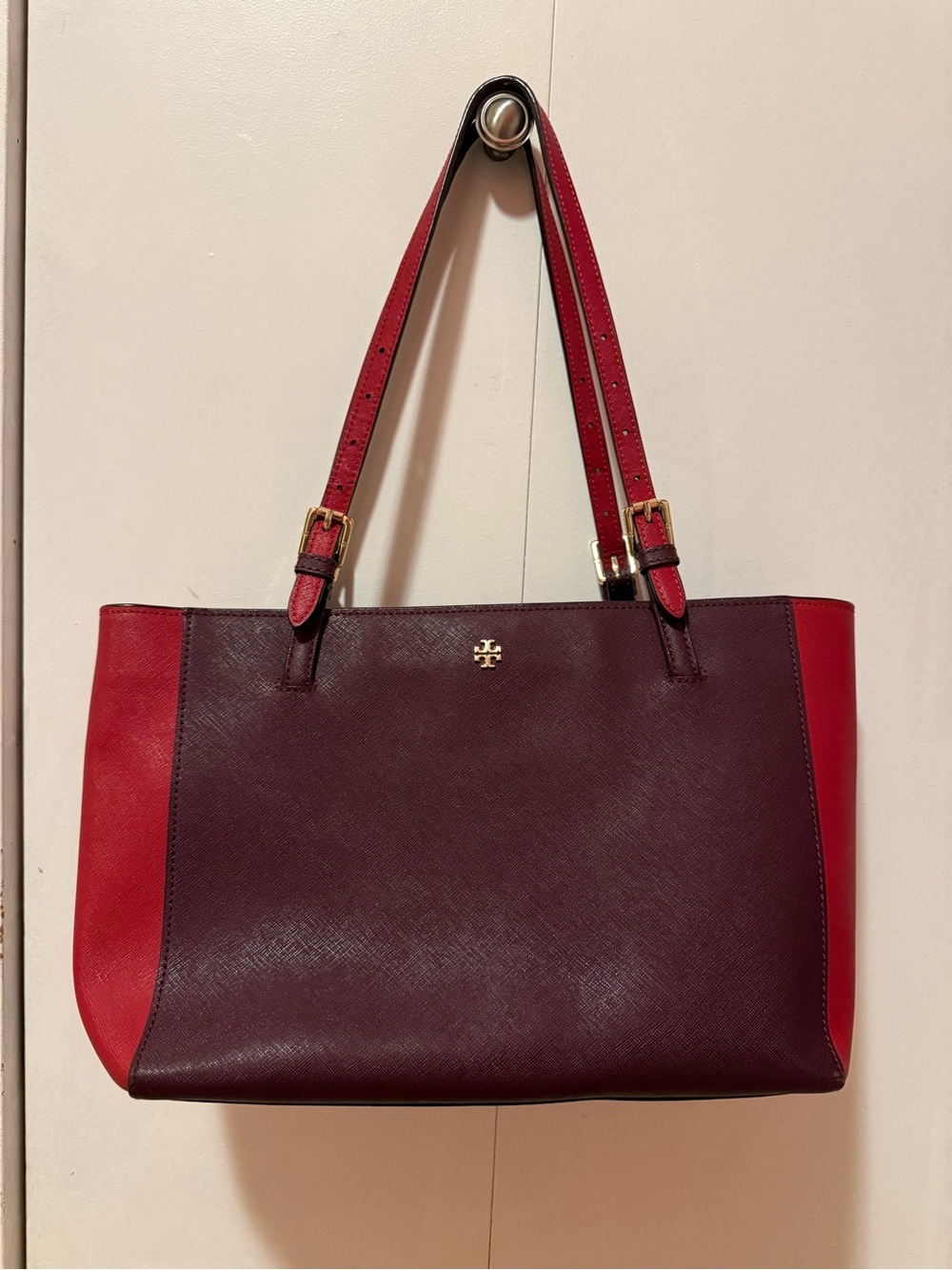 Tory Burch Emerson Colorblock Tote Bag Burgundy Red Saffiano Leather